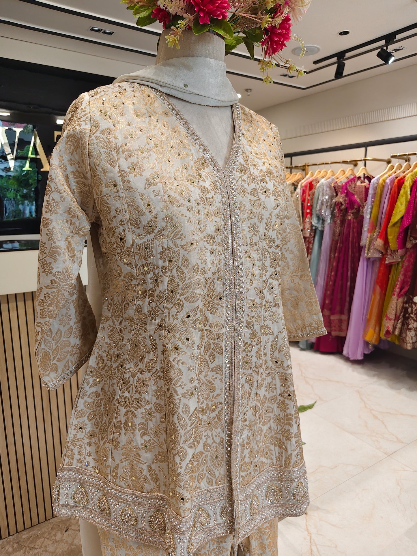 Cream Brocade Kurta Palazzo Set