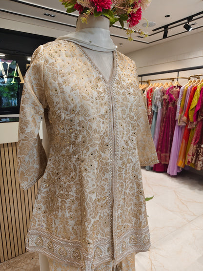 Cream Brocade Kurta Palazzo Set
