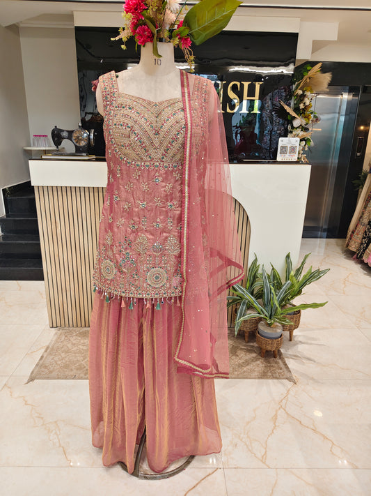 Onion Pink Fandy Tissue Sharara Set