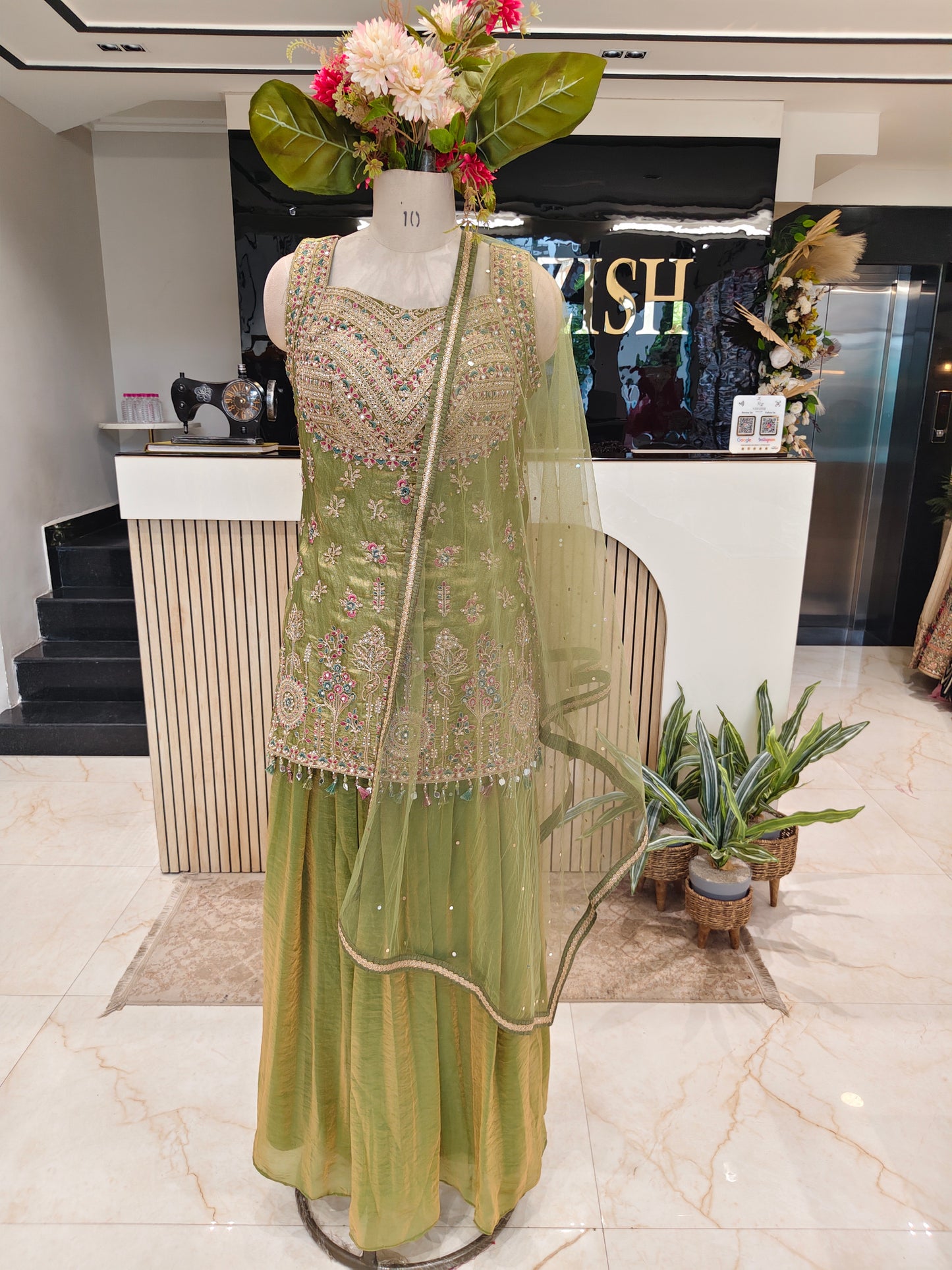 Green Fandy Tissue Sharara Set