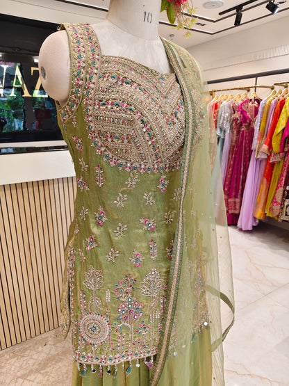 Green Fandy Tissue Sharara Set