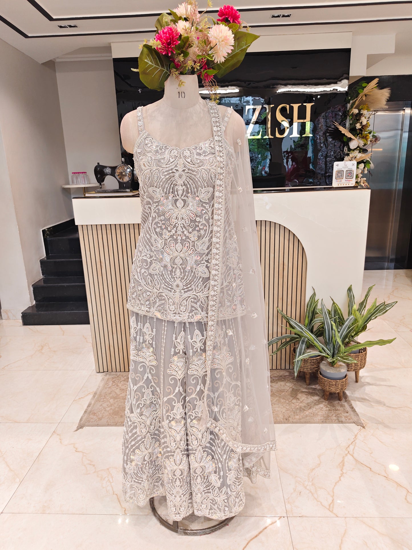 Grey Net Sharara Set