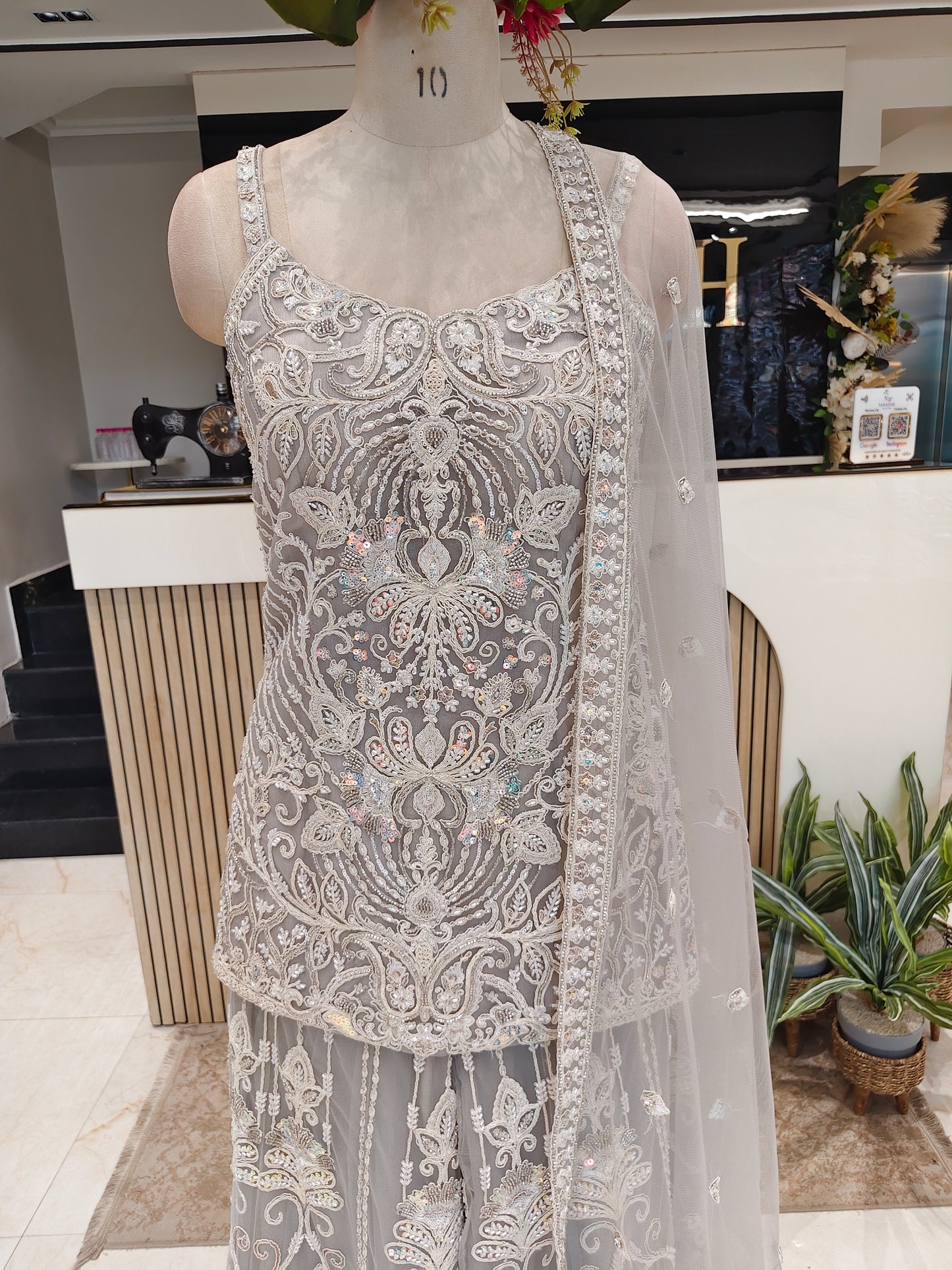 Grey Net Sharara Set