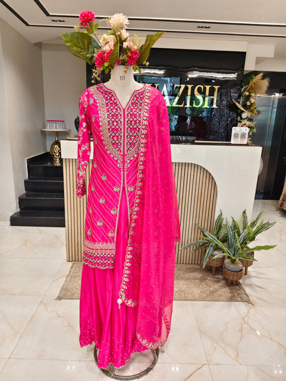Hot Pink Dola Silk Sharara Set