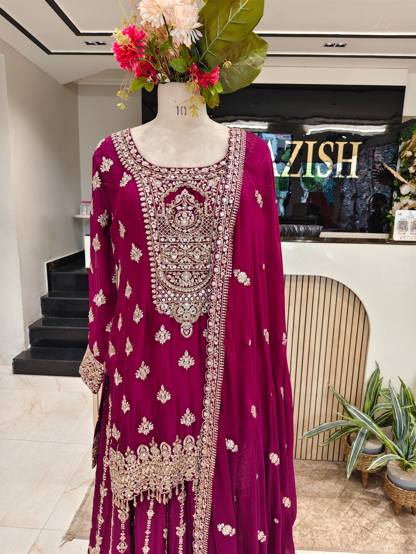Wine Georgette Sharara Set