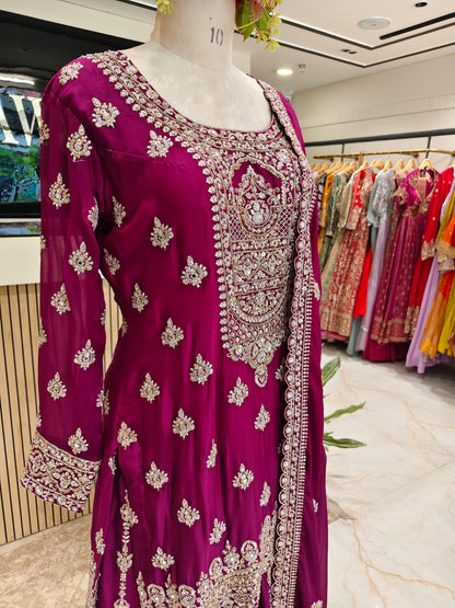 Wine Georgette Sharara Set