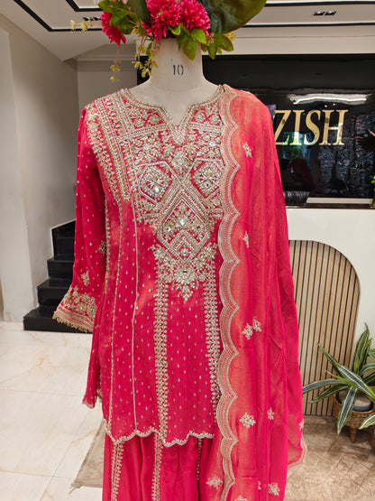 Carrot Pink Tissue Sharara Set