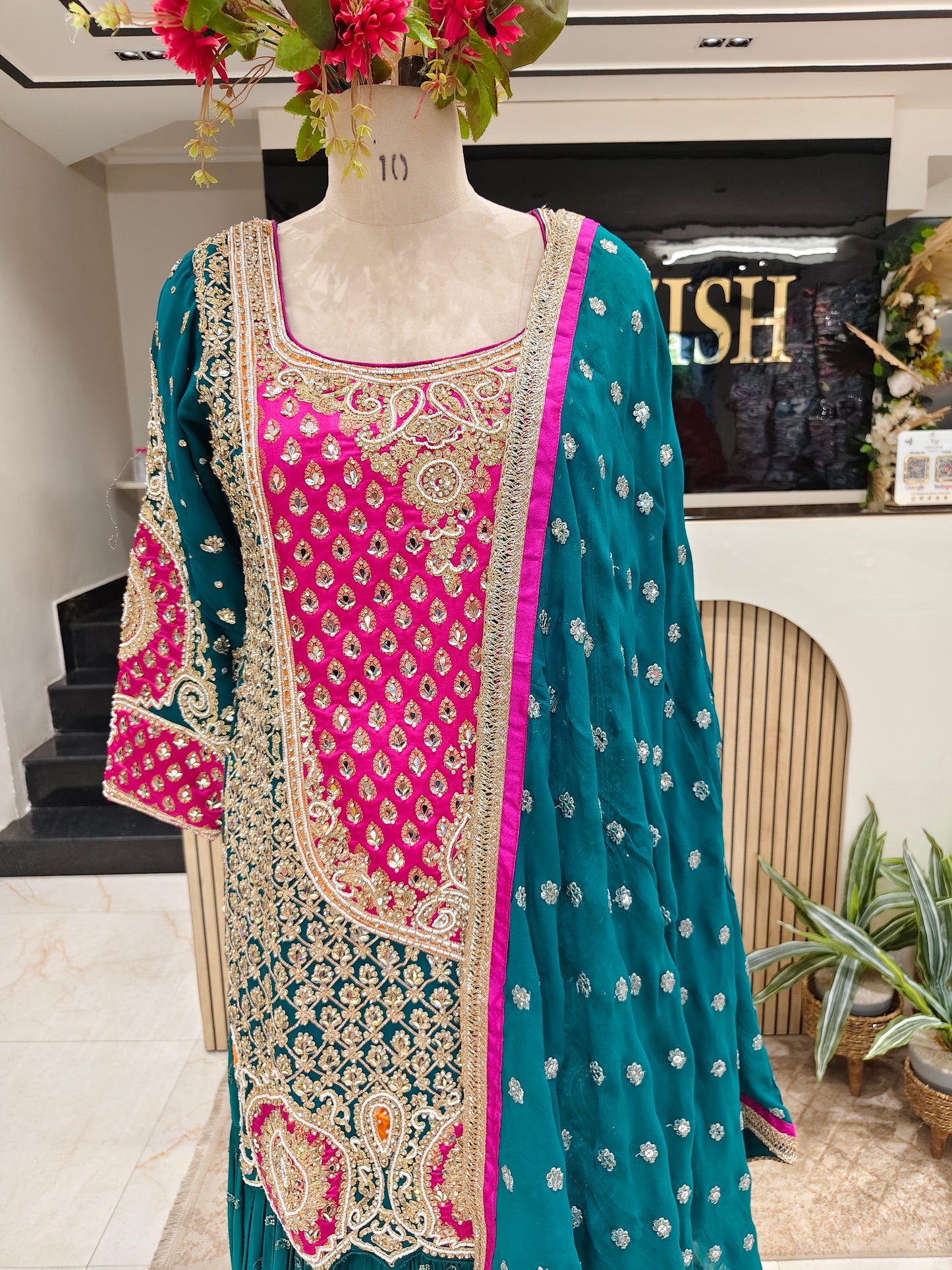 Rama Green & Pink Georgette Garara Set