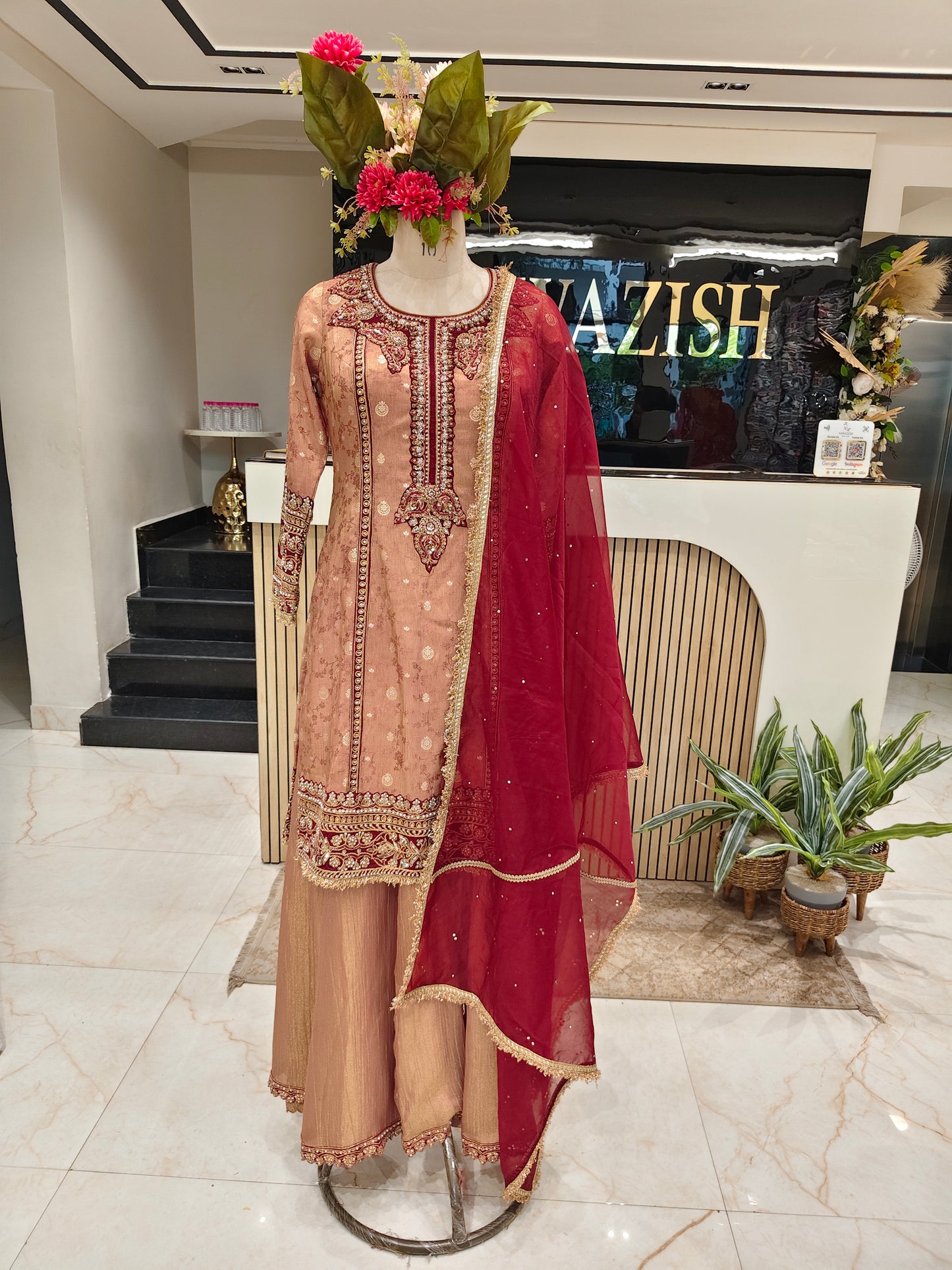 Brown & Maroon Jacquard Tissue Sharara Set