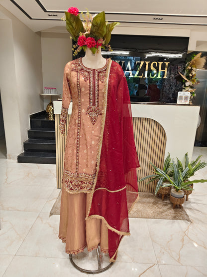 Brown & Maroon Jacquard Tissue Sharara Set