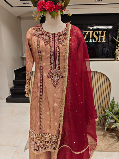 Brown & Maroon Jacquard Tissue Sharara Set