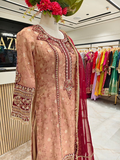 Brown & Maroon Jacquard Tissue Sharara Set