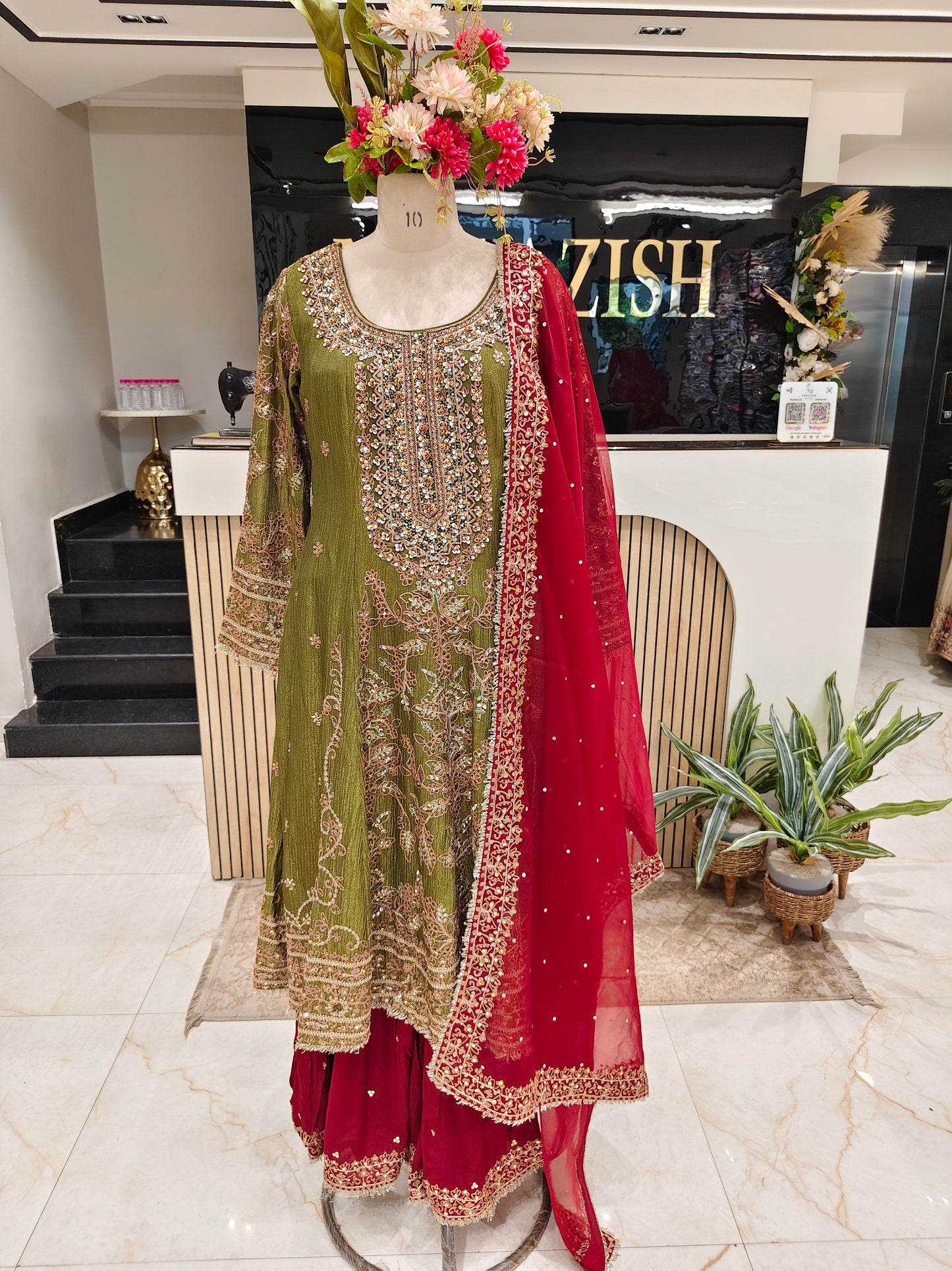 Mehndi Green & Maroon Tissue Sharara Set