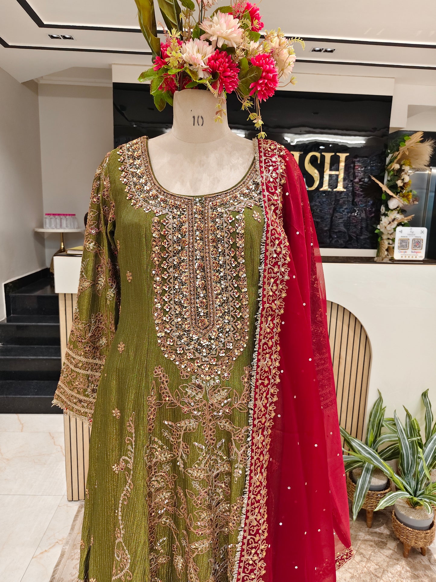 Mehndi Green & Maroon Tissue Sharara Set