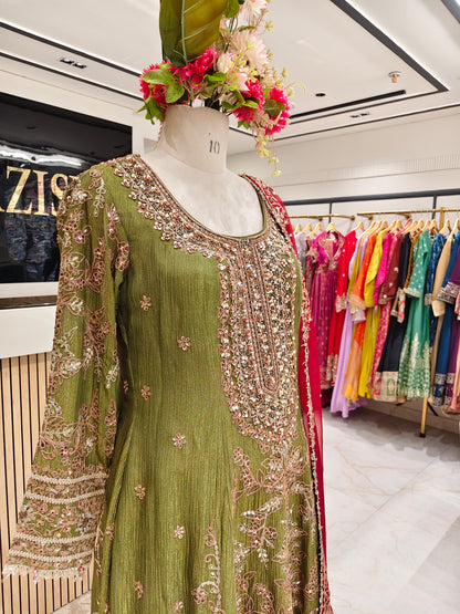 Mehndi Green & Maroon Tissue Sharara Set