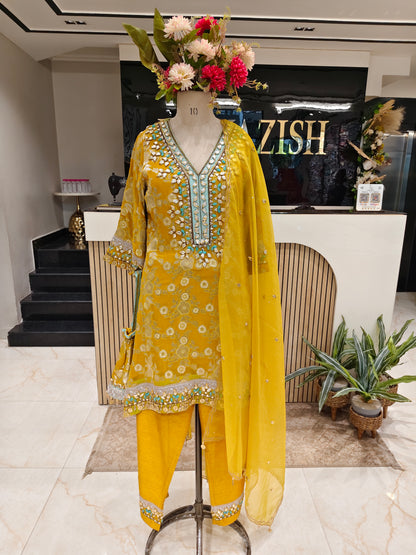 Mustard Khaddi Georgette Kurta Pant Set