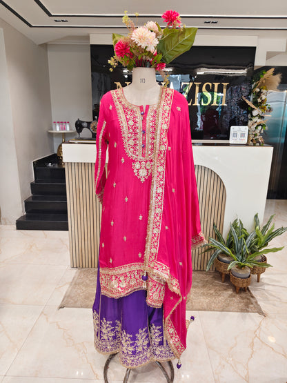 Rani Pink & Purple Chinon Sharara Set