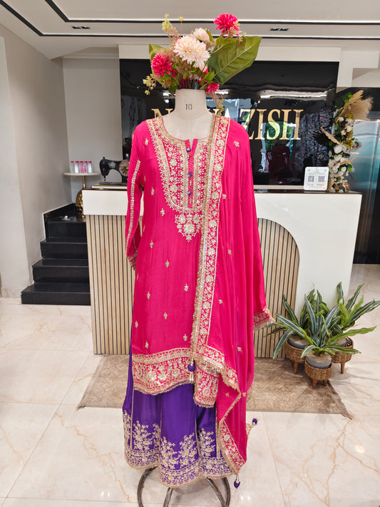 Rani Pink & Purple Chinon Sharara Set