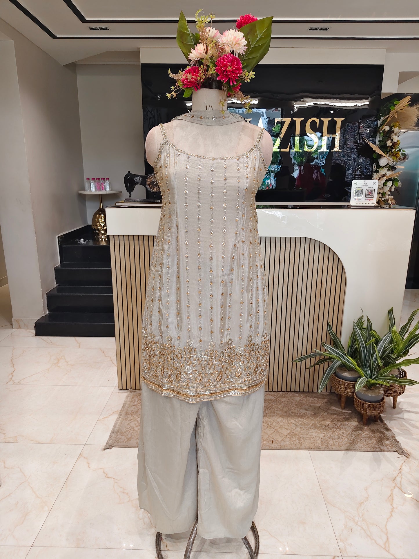 Beige Tissue Kurta Palazzo Set