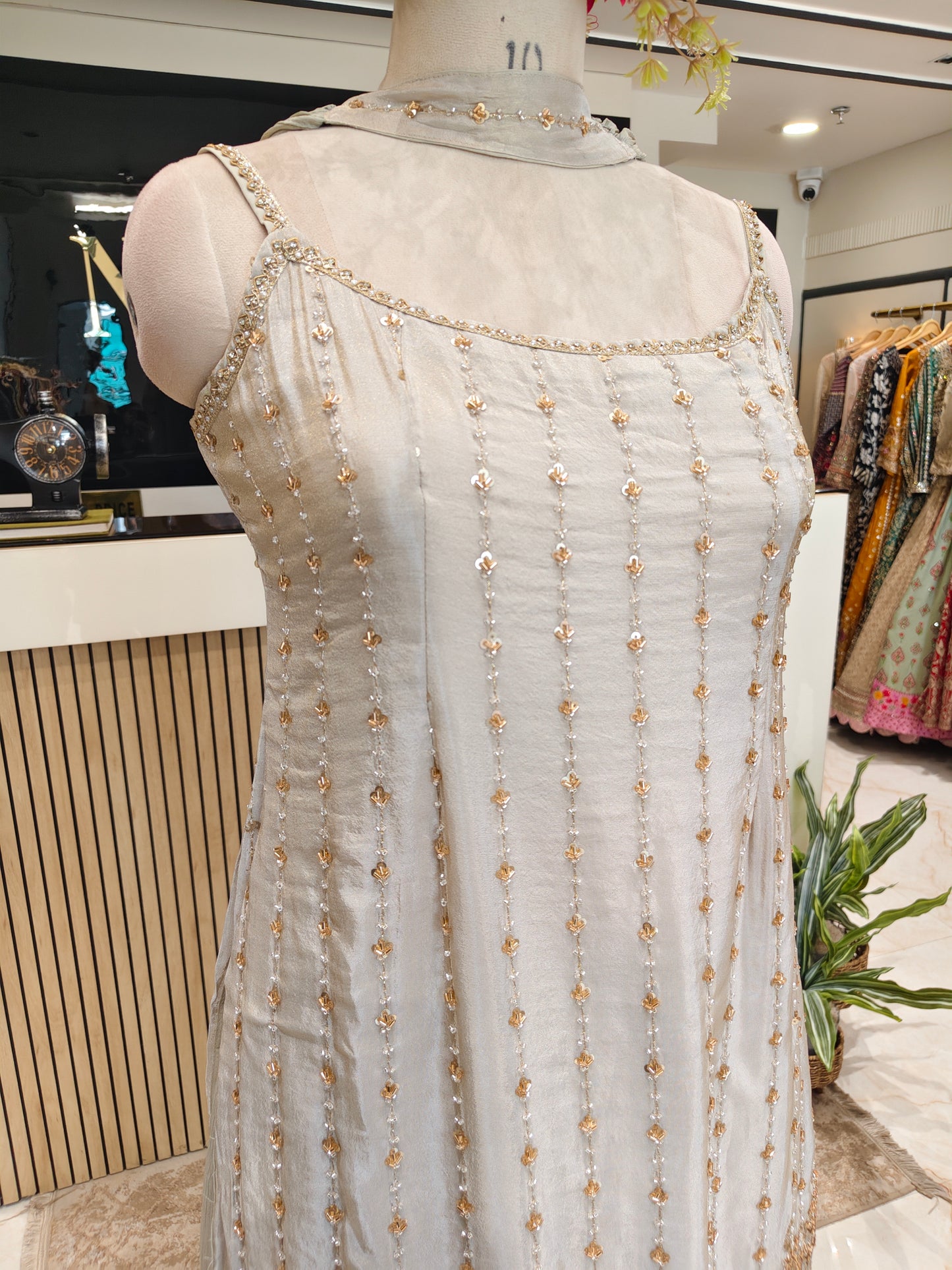 Beige Tissue Kurta Palazzo Set