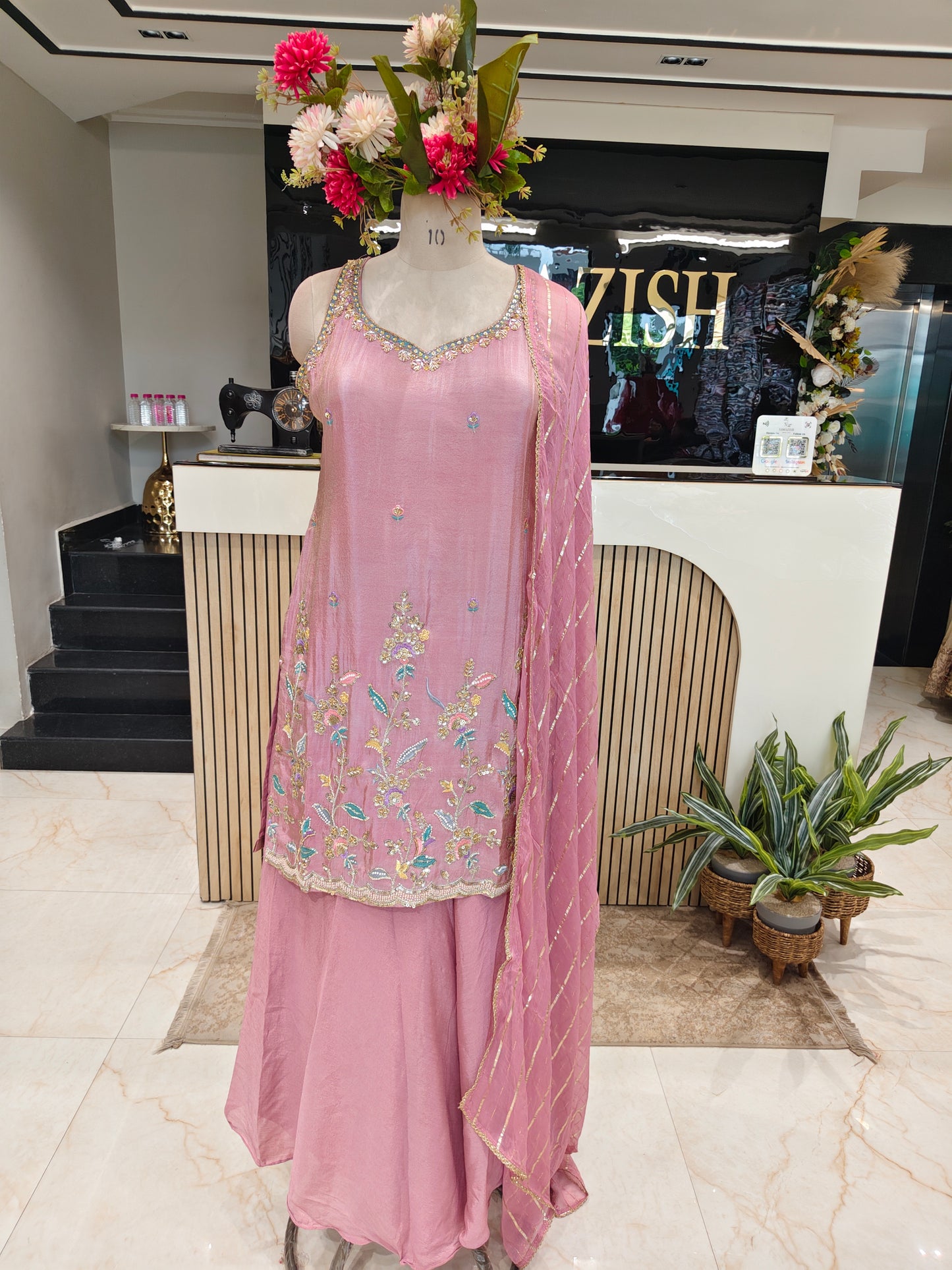 Onion Pink Tissue Sharara Set