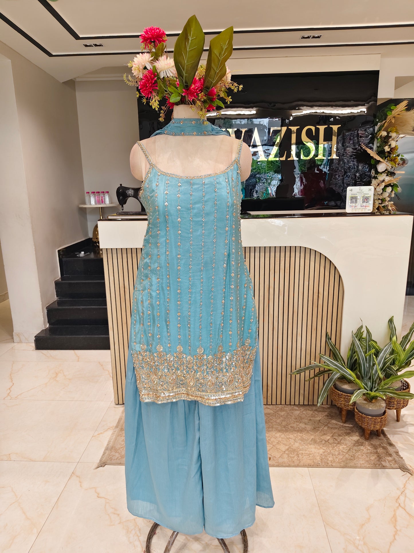 Blue Tissue Kurta Palazzo Set