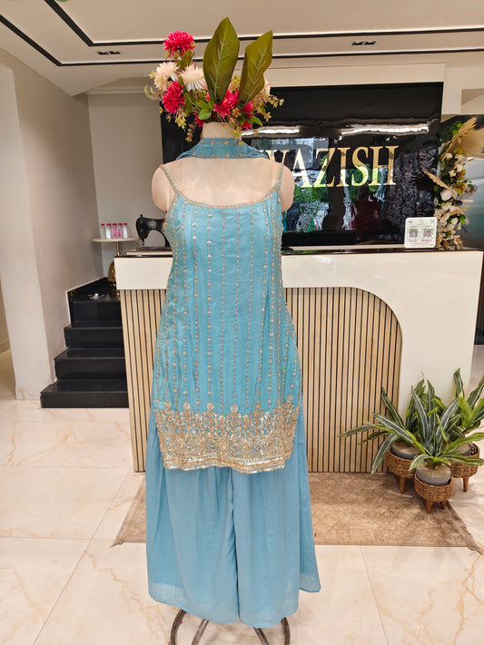 Blue Tissue Kurta Palazzo Set