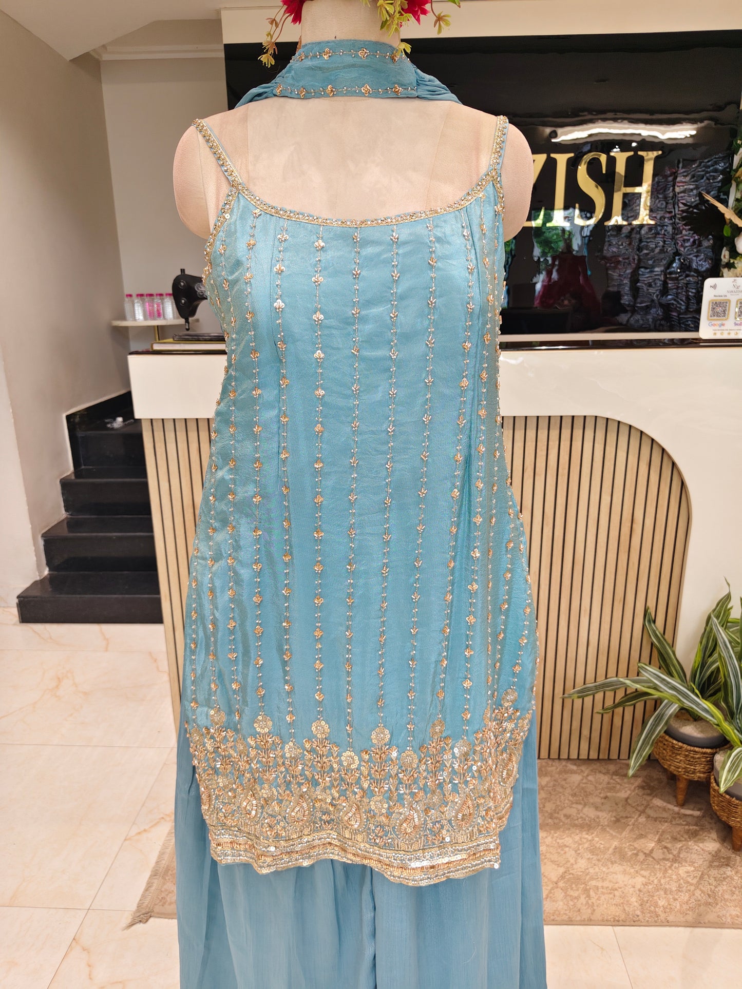 Blue Tissue Kurta Palazzo Set