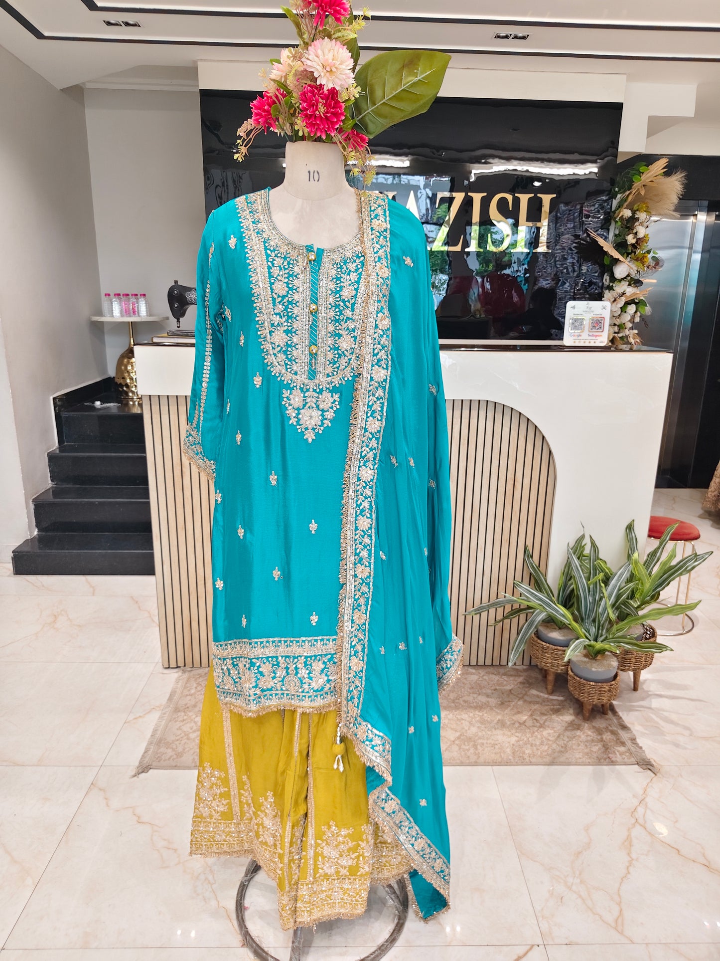 Teal Blue & Mustard Chinon Sharara Set