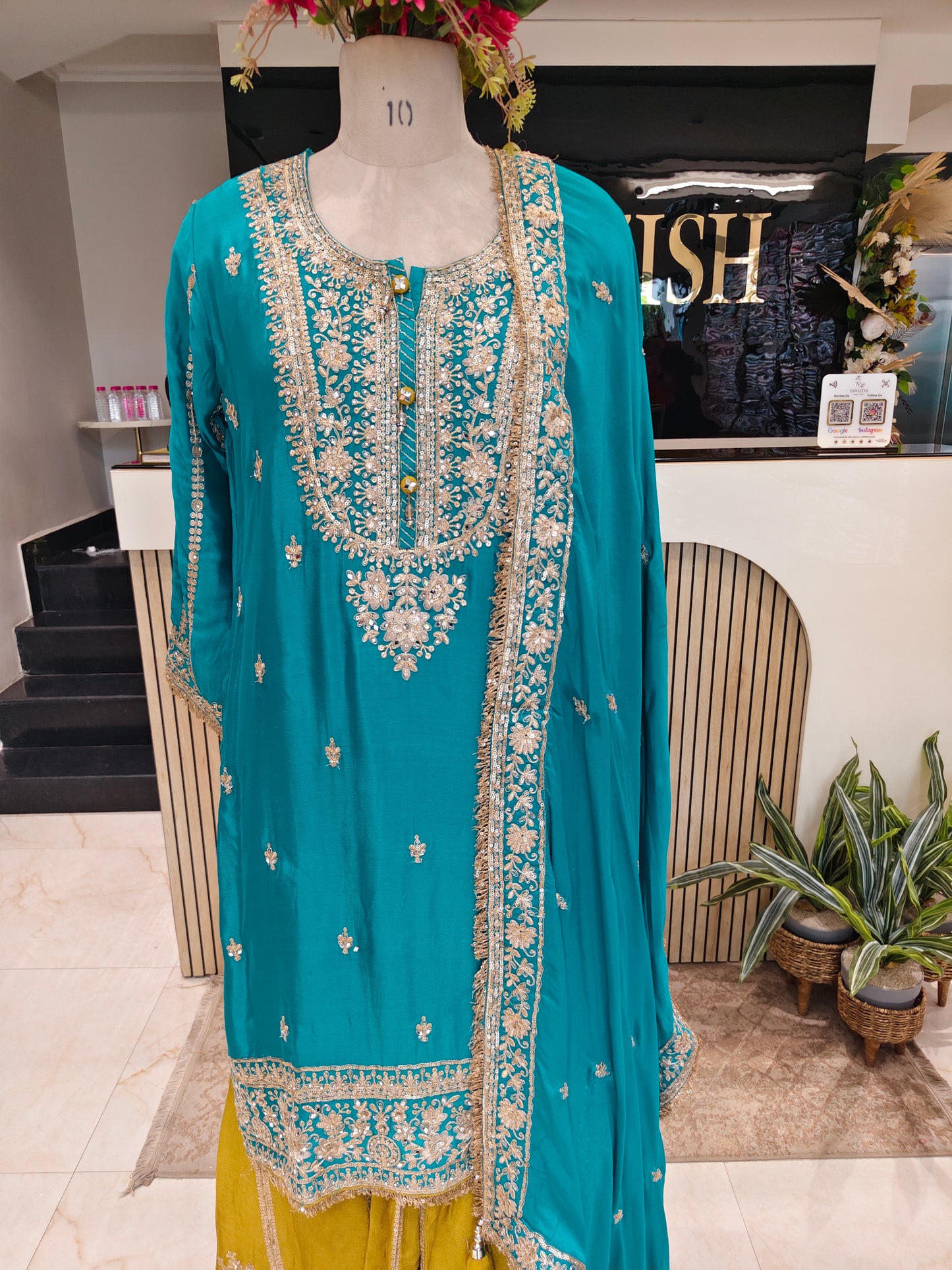 Teal Blue & Mustard Chinon Sharara Set