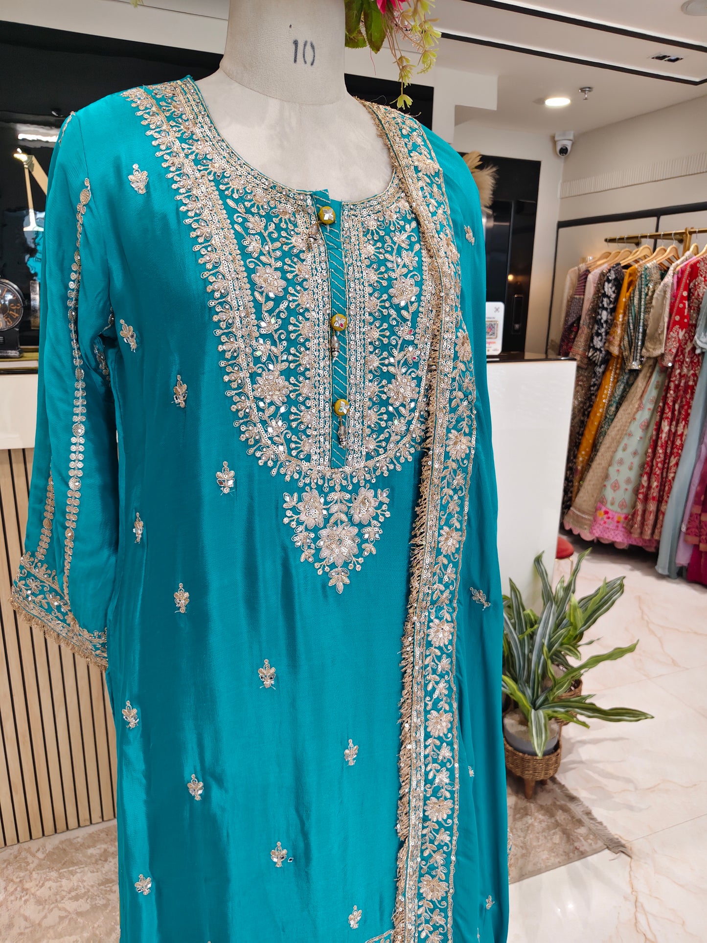 Teal Blue & Mustard Chinon Sharara Set