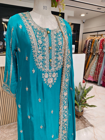 Teal Blue & Mustard Chinon Sharara Set
