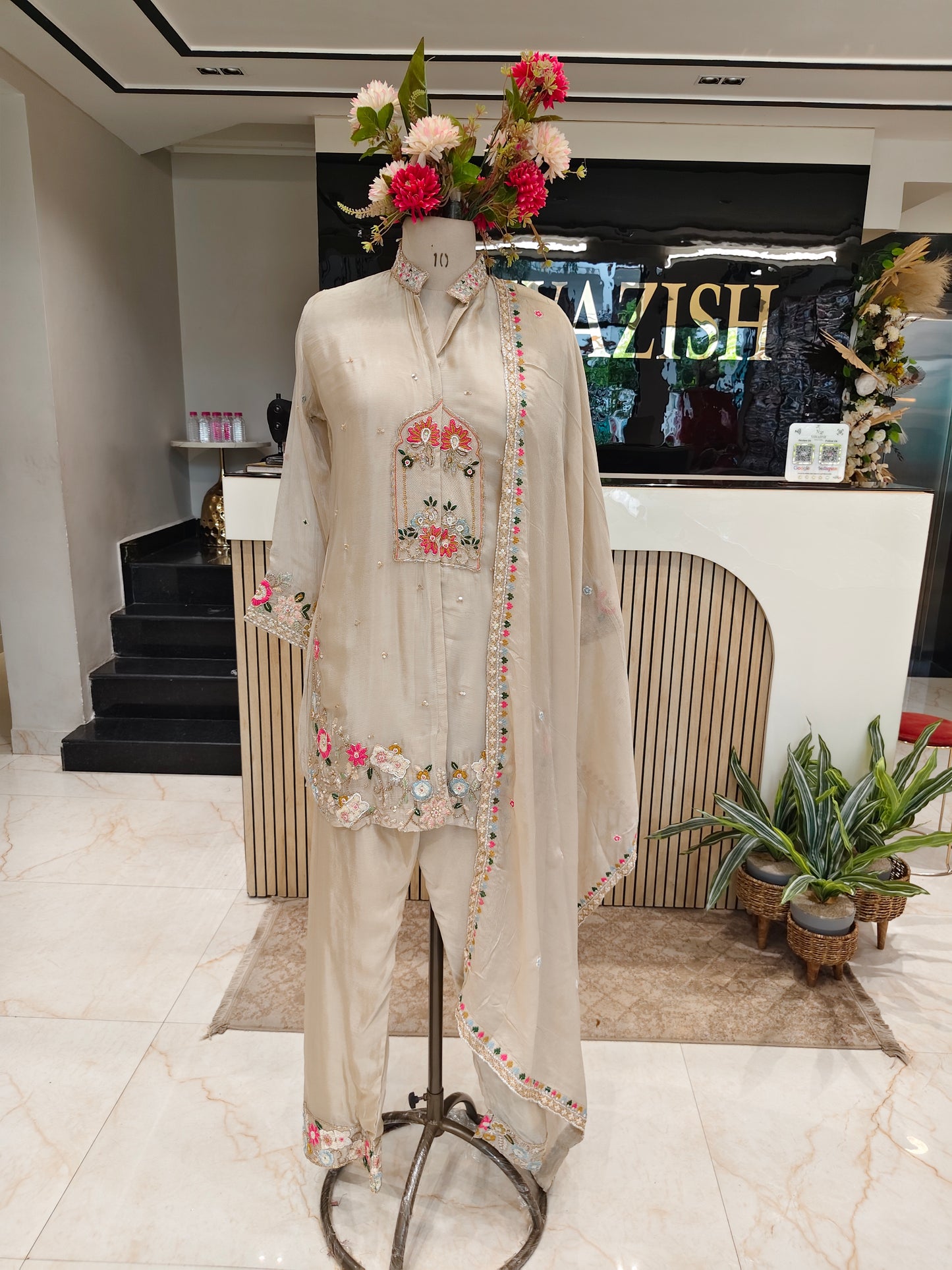 Beige Chinon Kurta Pant Set