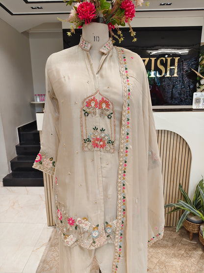 Beige Chinon Kurta Pant Set