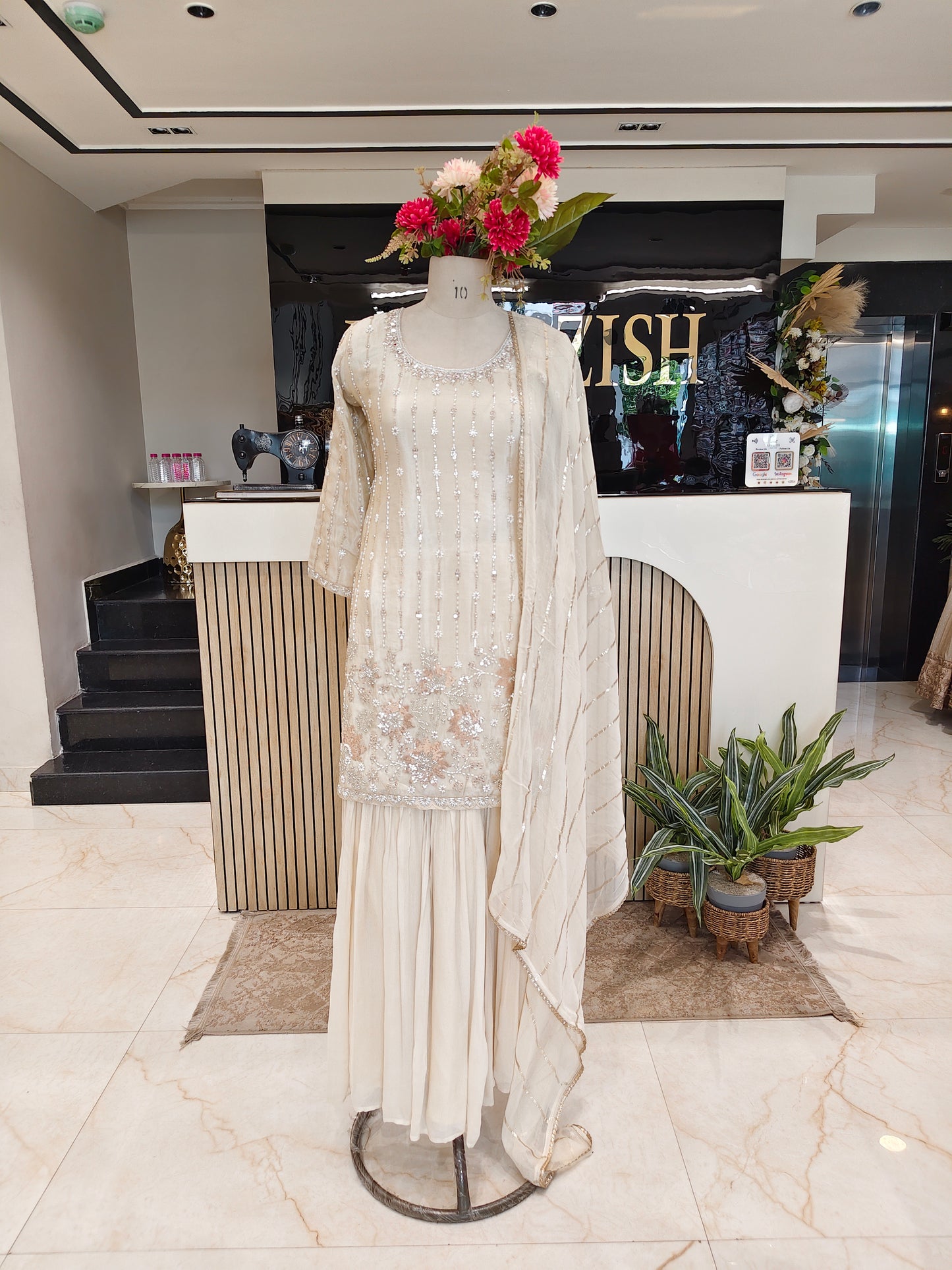 Cream Tissue Sharara Set