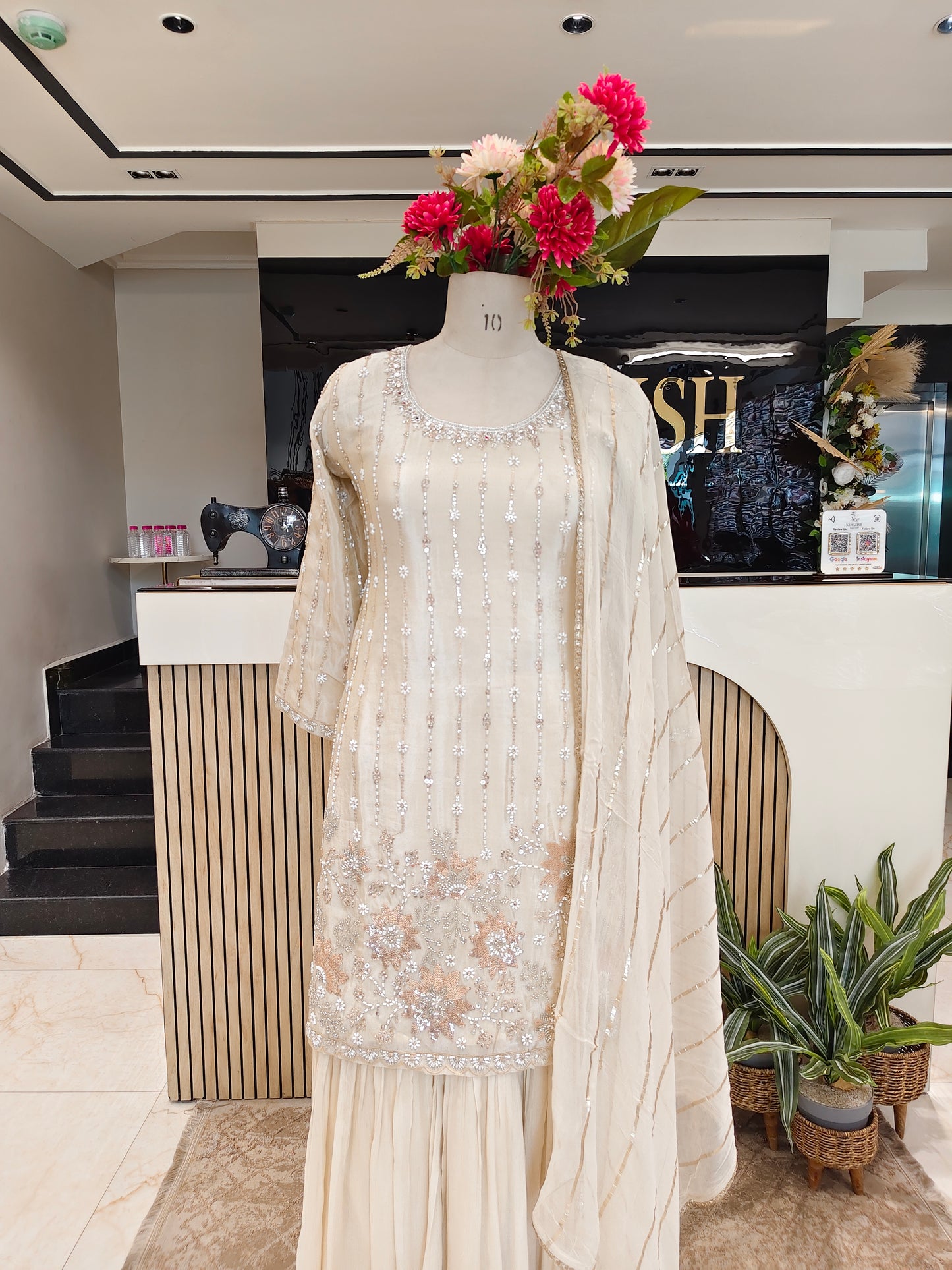 Cream Tissue Sharara Set