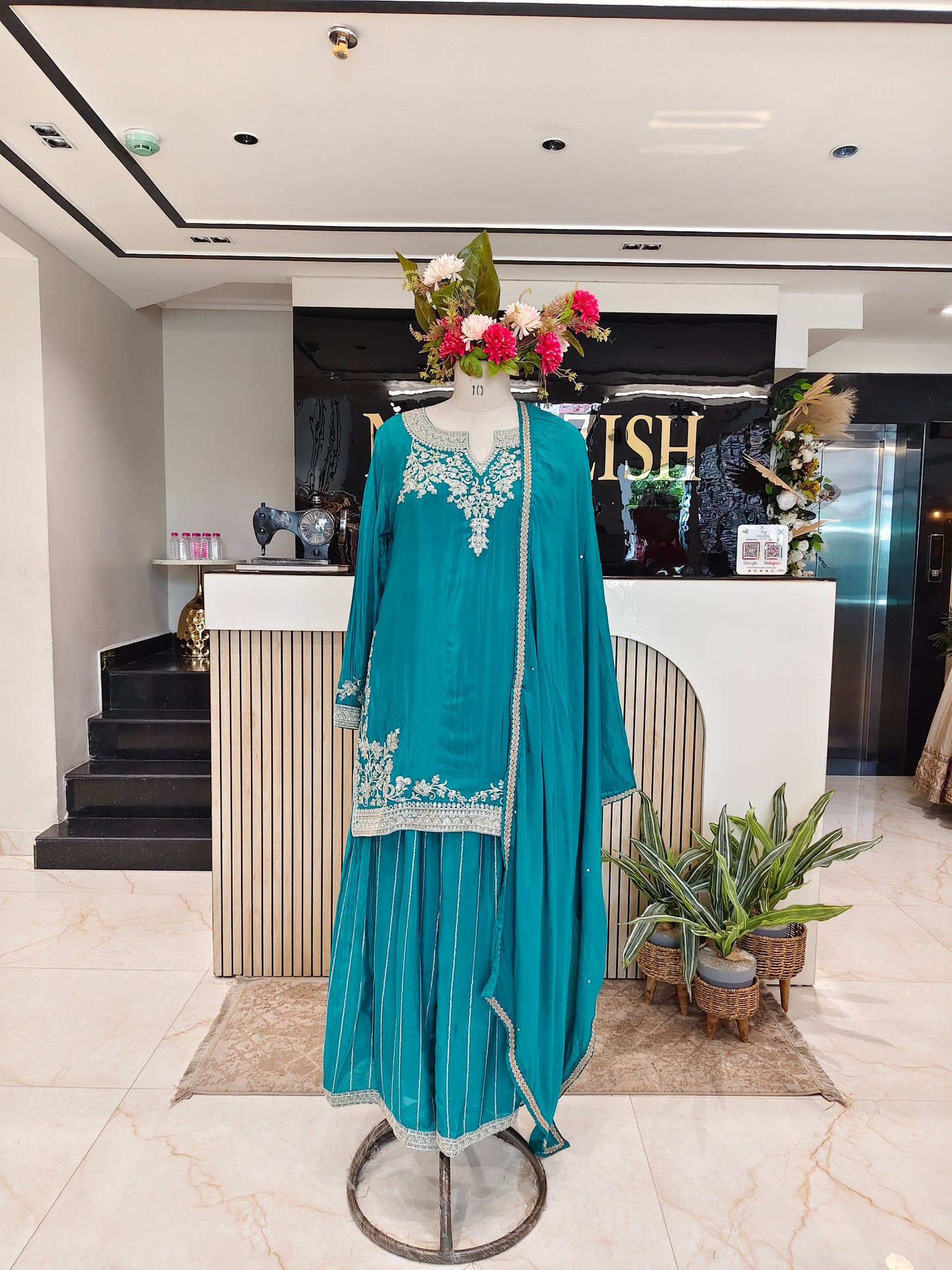 Teal Blue Chinon Sharara Set