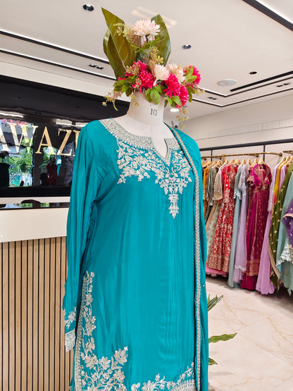 Teal Blue Chinon Sharara Set