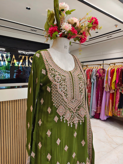 Mehndi Green Chinon Sharara Set