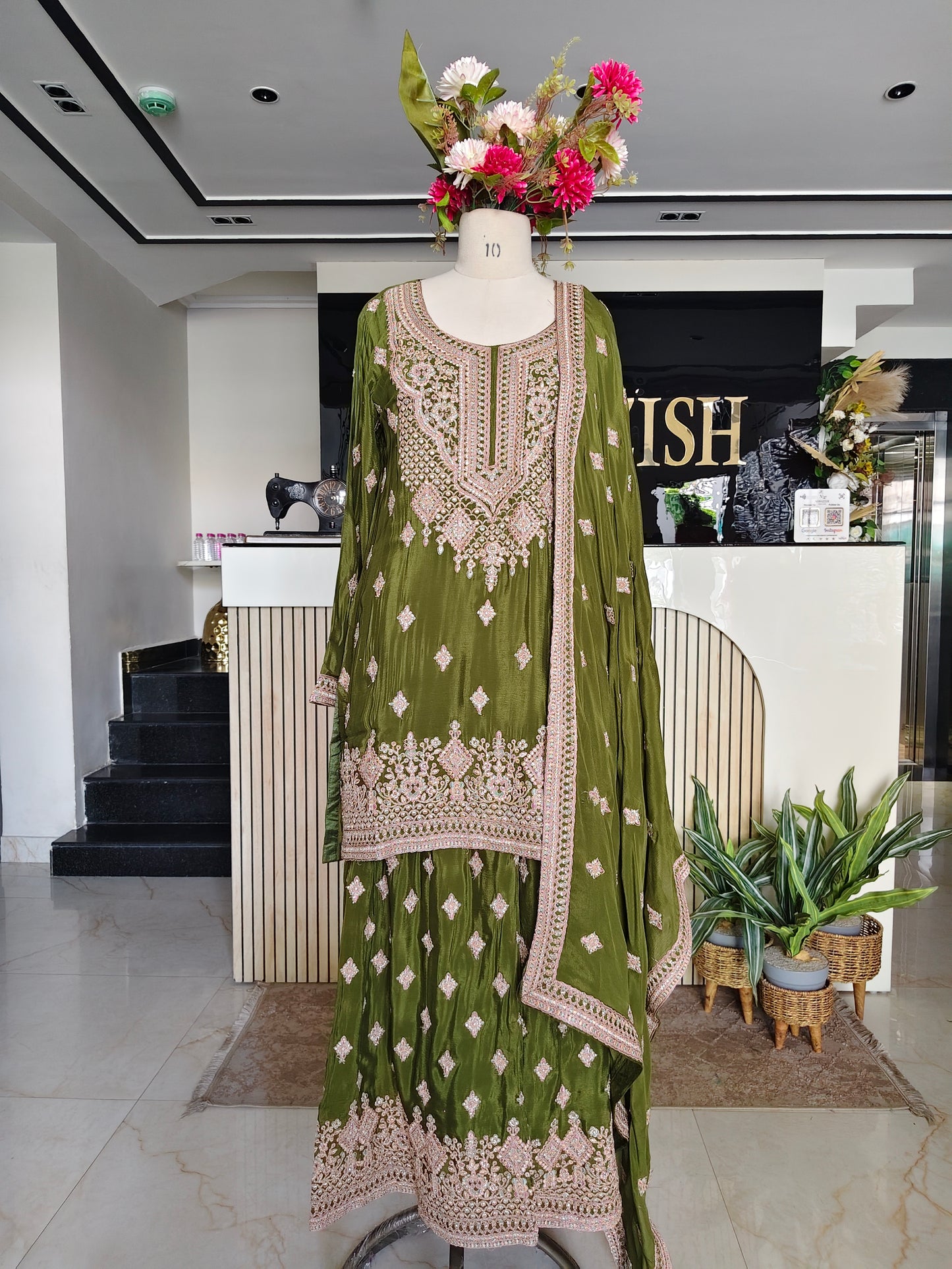 Mehndi Green Chinon Sharara Set