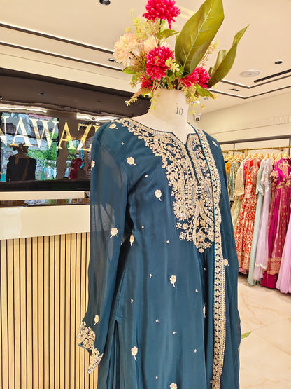 Teal Blue Chinon Sharara Set