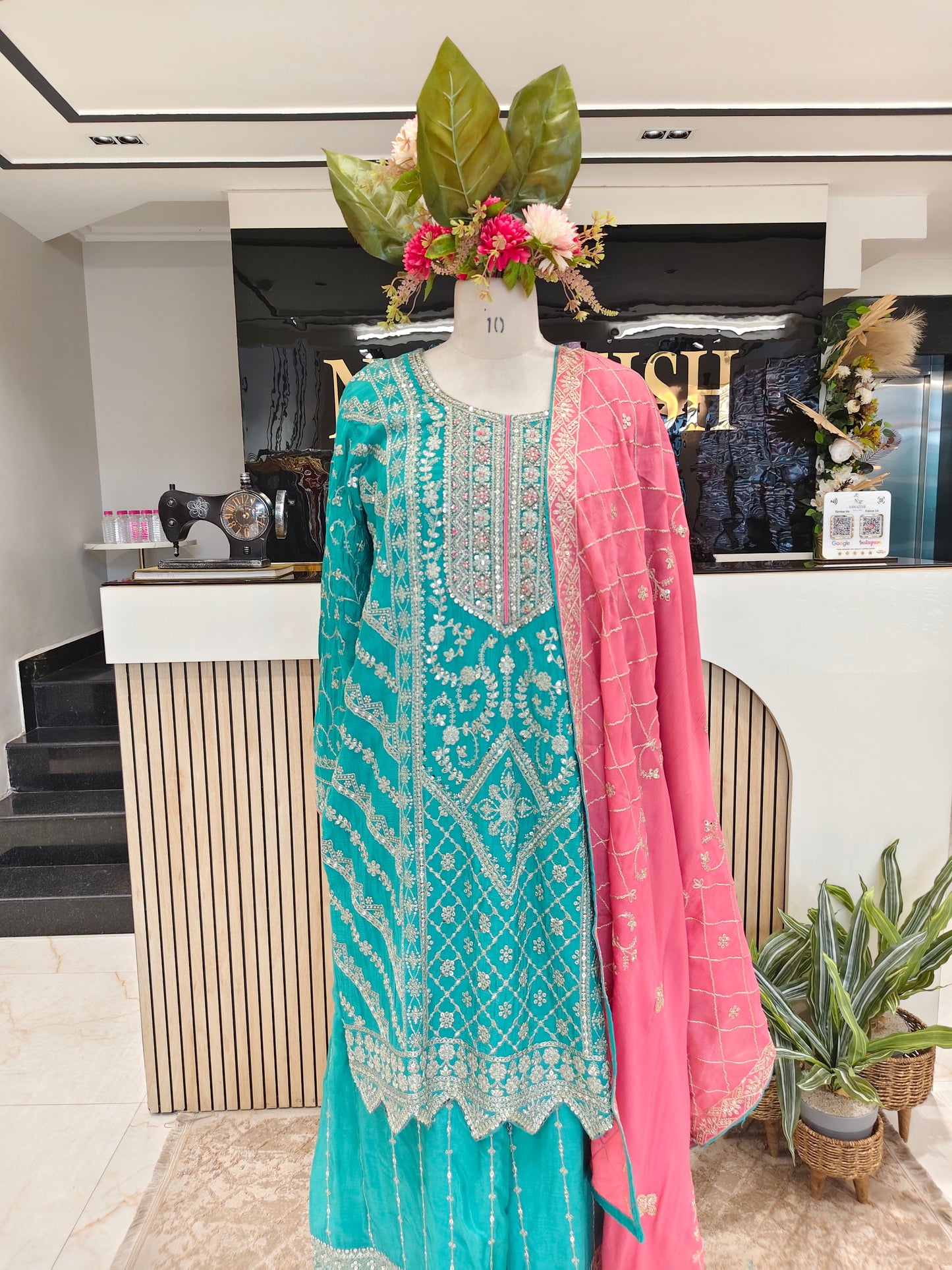 Teal Blue & Pink Chinon Sharara Set