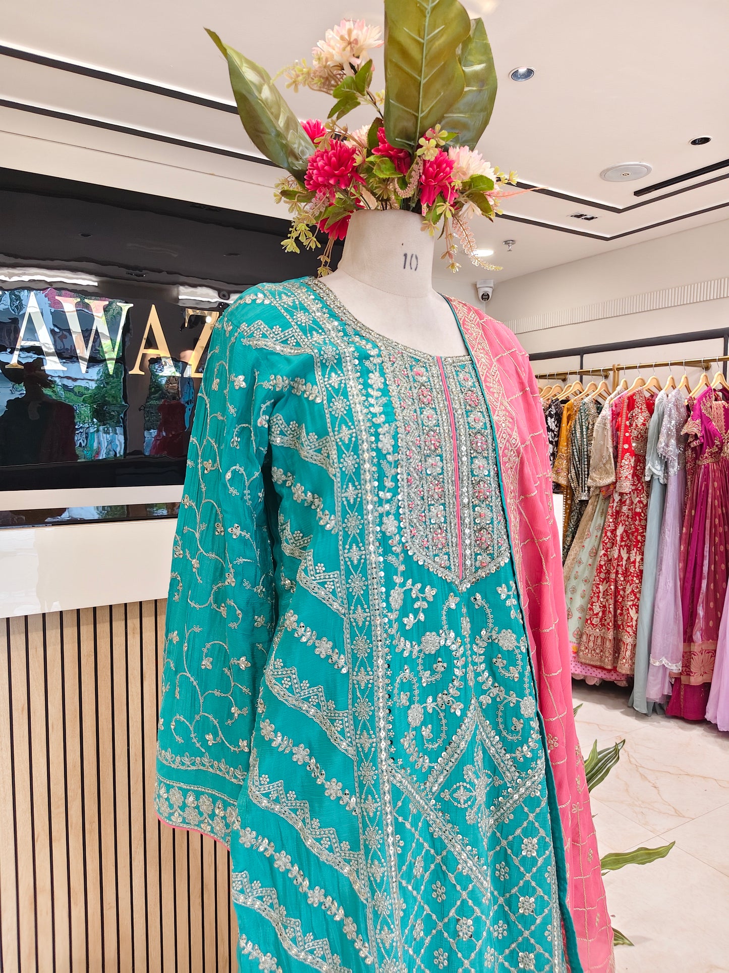 Teal Blue & Pink Chinon Sharara Set