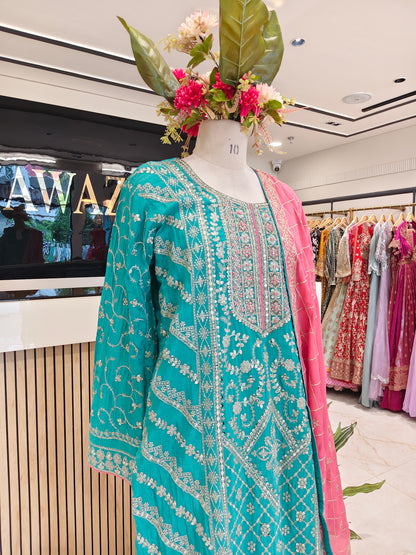 Teal Blue & Pink Chinon Sharara Set