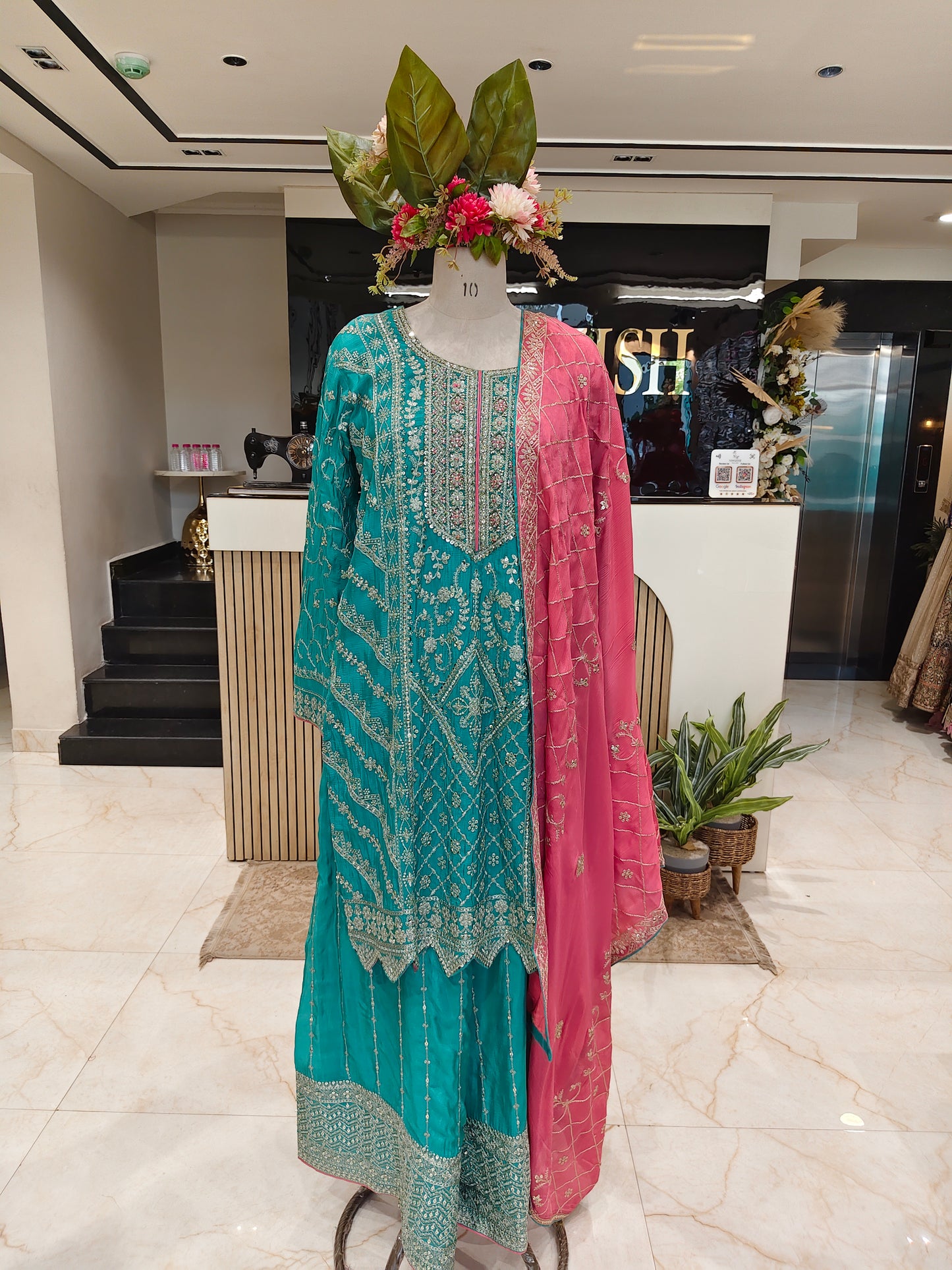 Teal Blue & Pink Chinon Sharara Set