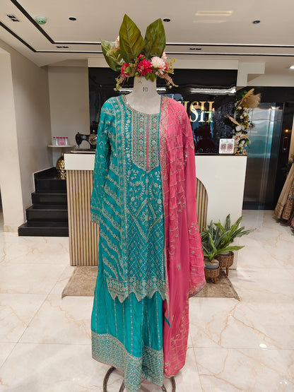 Teal Blue & Pink Chinon Sharara Set