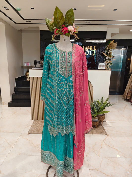 Teal Blue & Pink Chinon Sharara Set