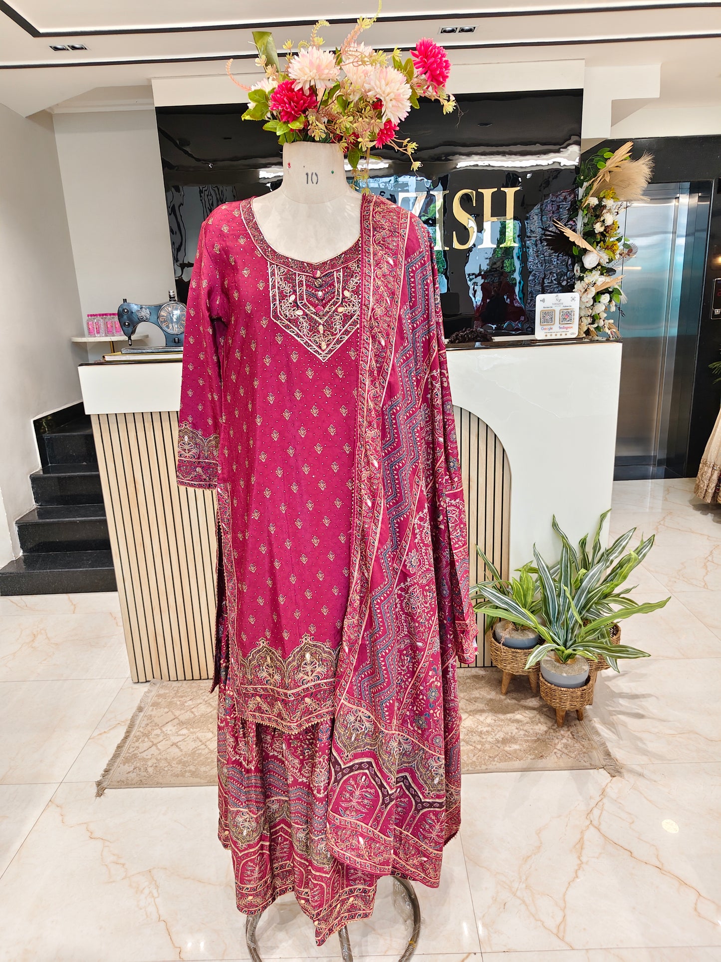 Wine Crepe Sharara Set