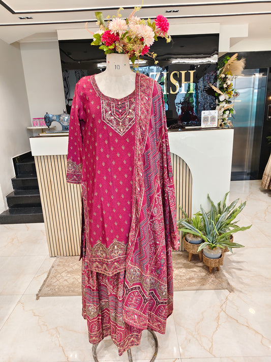 Wine Crepe Sharara Set