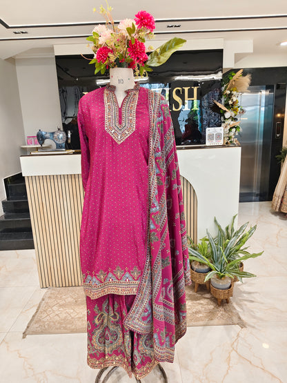 Wine Crepe Sharara Set